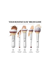 Pięć pędzli do makijażu oznaczonych od 01 do 08, każdy z próbkami produktu i nazwami: Puder i bronzer, Korektor dwustronny, Podkład w proszku, Całkowity koloryt cery, Puder kulka na patyczku.