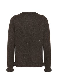Pull marron en maille avec une finition texturée et des détails scintillants. Il présente des manches longues avec des poignets à volants et un col rond.