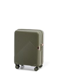 Hartschaliger, olivgrüner Koffer mit diagonalen Rillen, vier drehbaren Rollen und einem seitlichen Zahlenschloss.