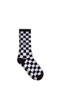 Calze a scacchi bianche e nere con risvolto a coste. Presentano il logo sul lato, realizzate in materiale morbido ed elasticizzato per garantire comfort.