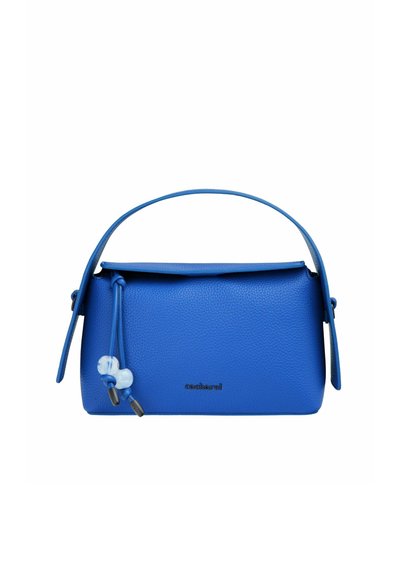 Borsa a mano blu in pelle con forma strutturata, superficie texturizzata e manico superiore. Presenta una chiusura a gancio e accenti decorativi con perline.