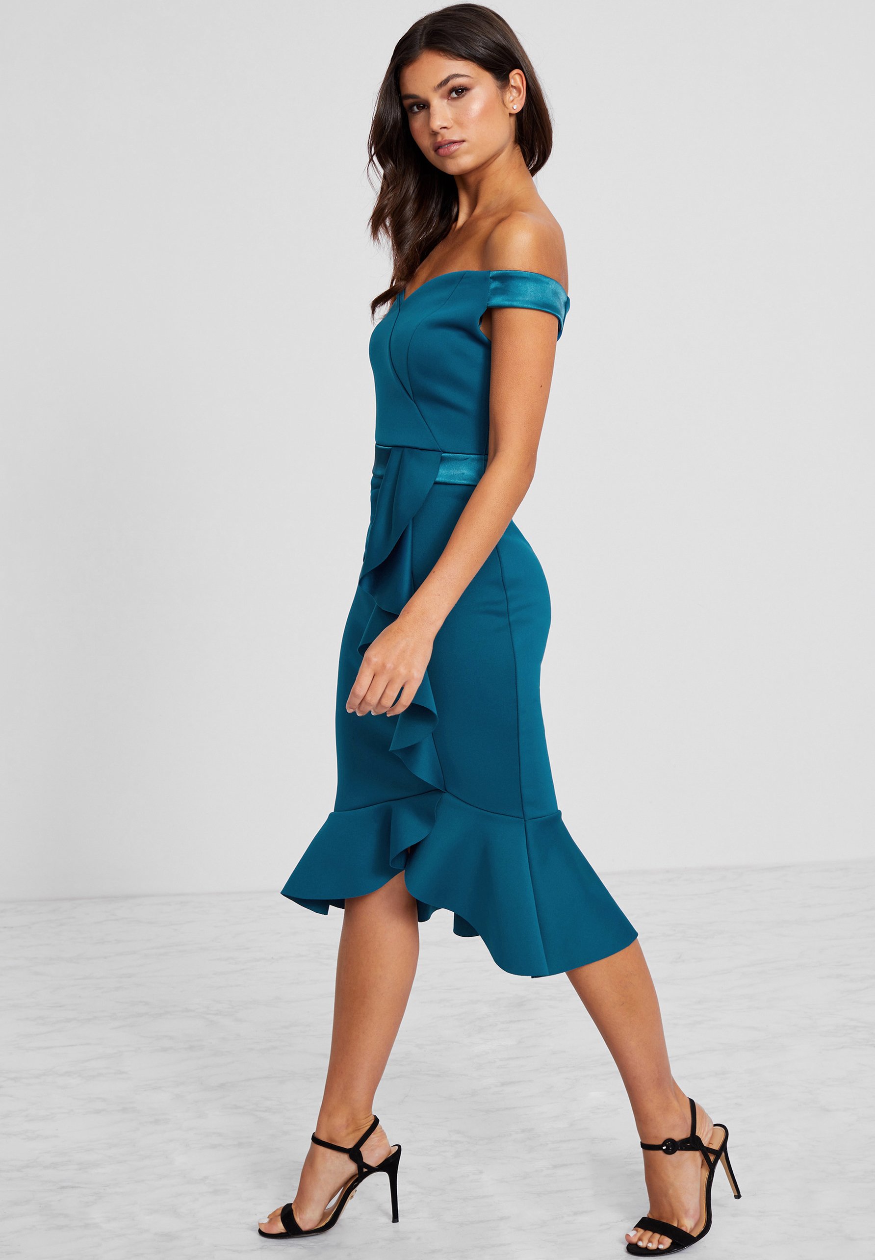 lipsy red ruffle bardot bodycon dress