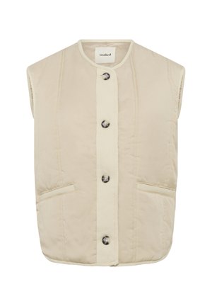 Béžová vesta bez rukávů s kulatým límcem, předním zapínáním na knoflíky a dvěma bočními kapsami. Vyrobena z hladké, lehké látky.