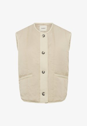 Beige ærmeløs vest med rund krave, knaplukning foran og to sidelommer. Fremstillet af glat, let stof.