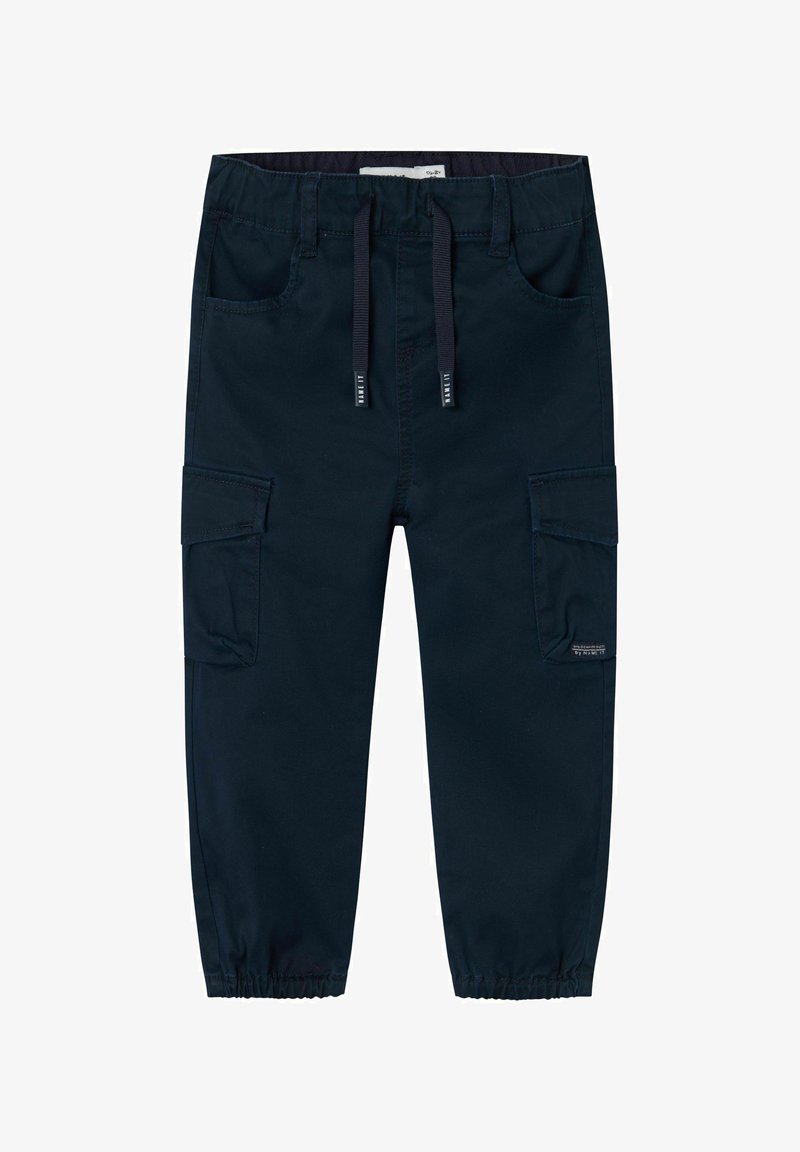 Námořnické modré cargo kalhoty vyrobené z bavlny, s elastickým pasem na šňůrky, bočními kapsami a staženými manžetami na kotnících.