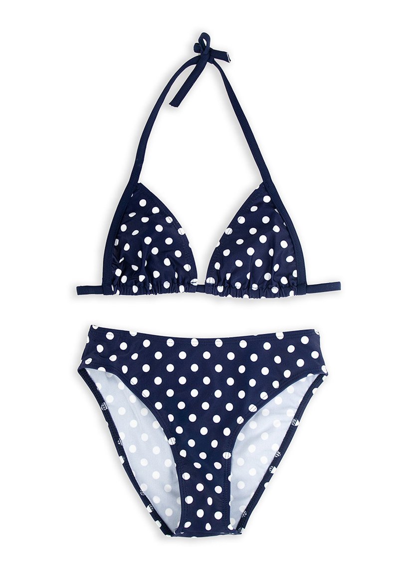 Granatowy bikini w białe kropki; trójkątny stanik z wiązanymi ramiączkami; pasujące majtki typu hipster; gładki, elastyczny materiał.