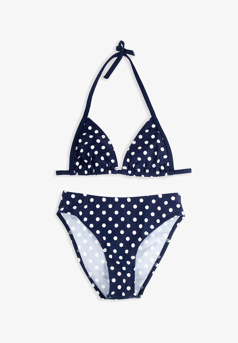 Granatowy bikini w białe kropki; trójkątny stanik z wiązanymi ramiączkami; pasujące majtki typu hipster; gładki, elastyczny materiał.