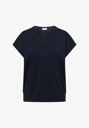 Marineblaue Bluse mit kurzen Ärmeln, V-Ausschnitt, weiter Passform und gekrempelten Ärmeln, am Kragen mit dem Label "Cecil" versehen.