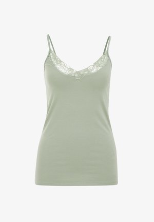 Világos zöld pántos felső, állítható pántokkal, csipke részletekkel a nyakkivágásnál és sima, puha textúrával. Egyszerű, testhez álló kialakítás.