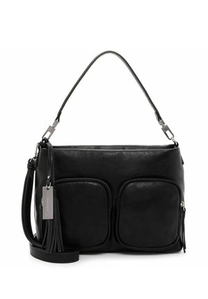 Sac à main en cuir noir avec deux poches zippées à l'avant, une bandoulière amovible et un pompon de porte-clés. Texture lisse et design minimaliste.