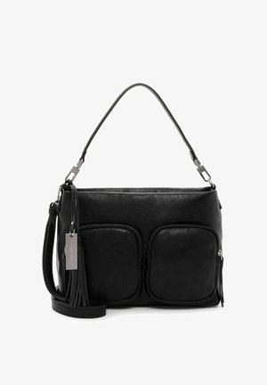 Schwarze Ledertasche mit zwei vorderen Reißverschlussfächern, einem abnehmbaren Schultergurt und einem Schlüsselanhänger mit Quaste. Glatte Textur und minimalistisches Design.