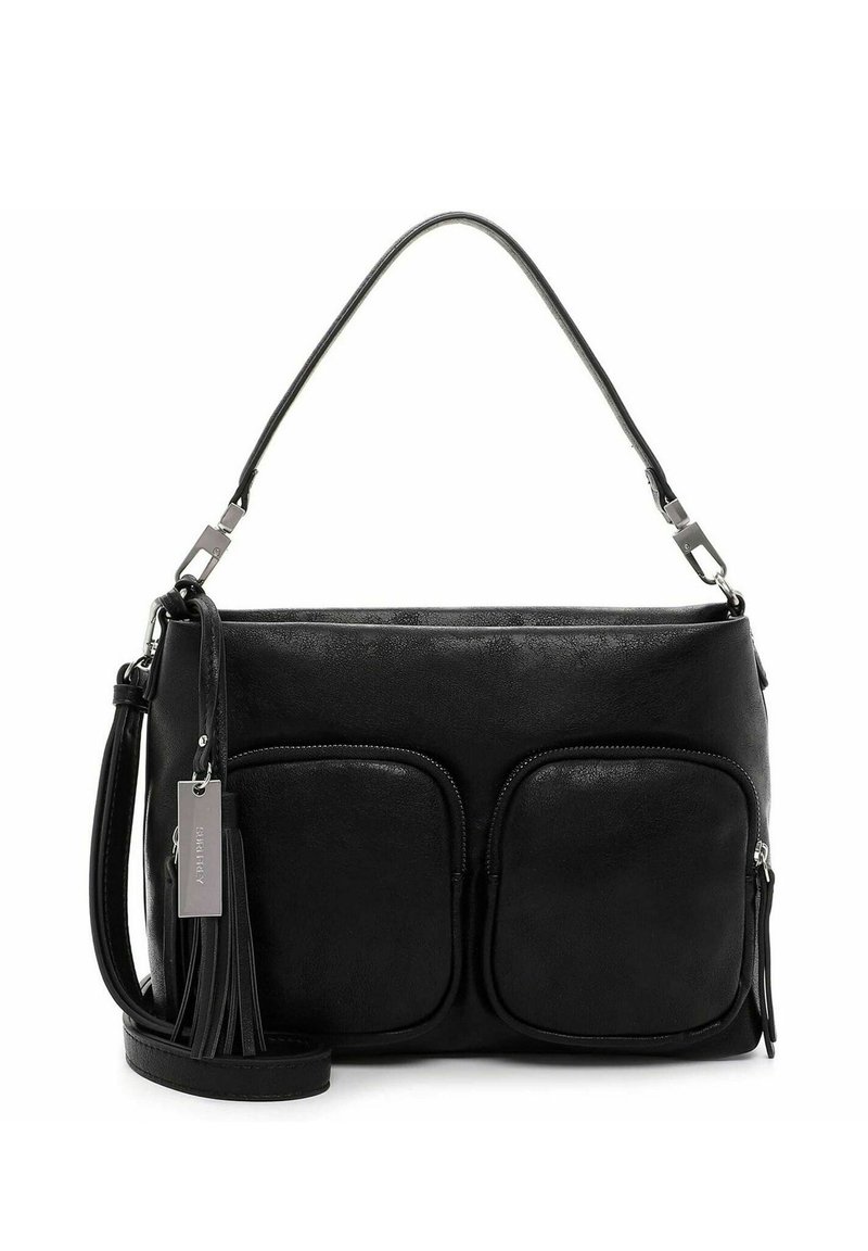 Borsa a tracolla nera in pelle con due tasche frontali con zip, una tracolla removibile e un portachiavi con nappe. Texture liscia e design minimalista.