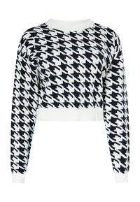 Maglione corto in tinta unita bianco e nero a motivo chevron, con scollatura a girocollo ribbordata e polsini lavorati, realizzato in morbido tessuto a maglia.