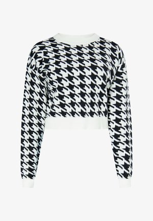 Gekürzter Pullover im schwarz-weißen Hahnentrittmuster, mit geripptem Rundhalsausschnitt und Bündchen, aus einem weichen Strickstoff gefertigt.