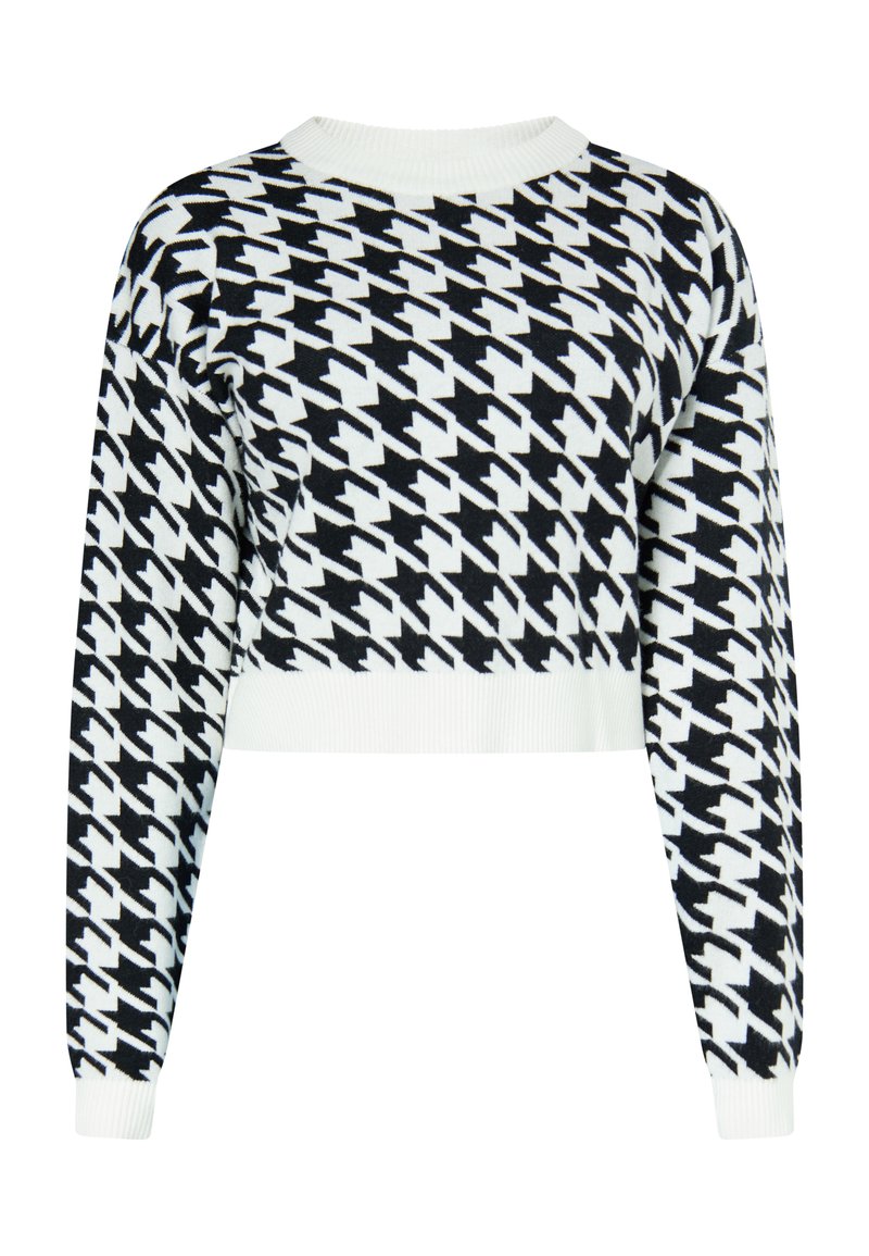 Maglione corto in tinta unita bianco e nero a motivo chevron, con scollatura a girocollo ribbordata e polsini lavorati, realizzato in morbido tessuto a maglia.