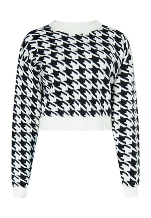 Kurzer Pullover in Schwarz-Weiß mit Hahnentrittmuster, mit rundem Ausschnitt sowie gerippten Bündchen und Saum. Weiches Strickgewebe, lässige Passform.