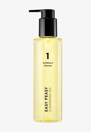 Flacon transparent d'huile nettoyante jaune avec pompe noire, étiqueté "Easy Peasy Cleansing Oil", sur fond blanc.