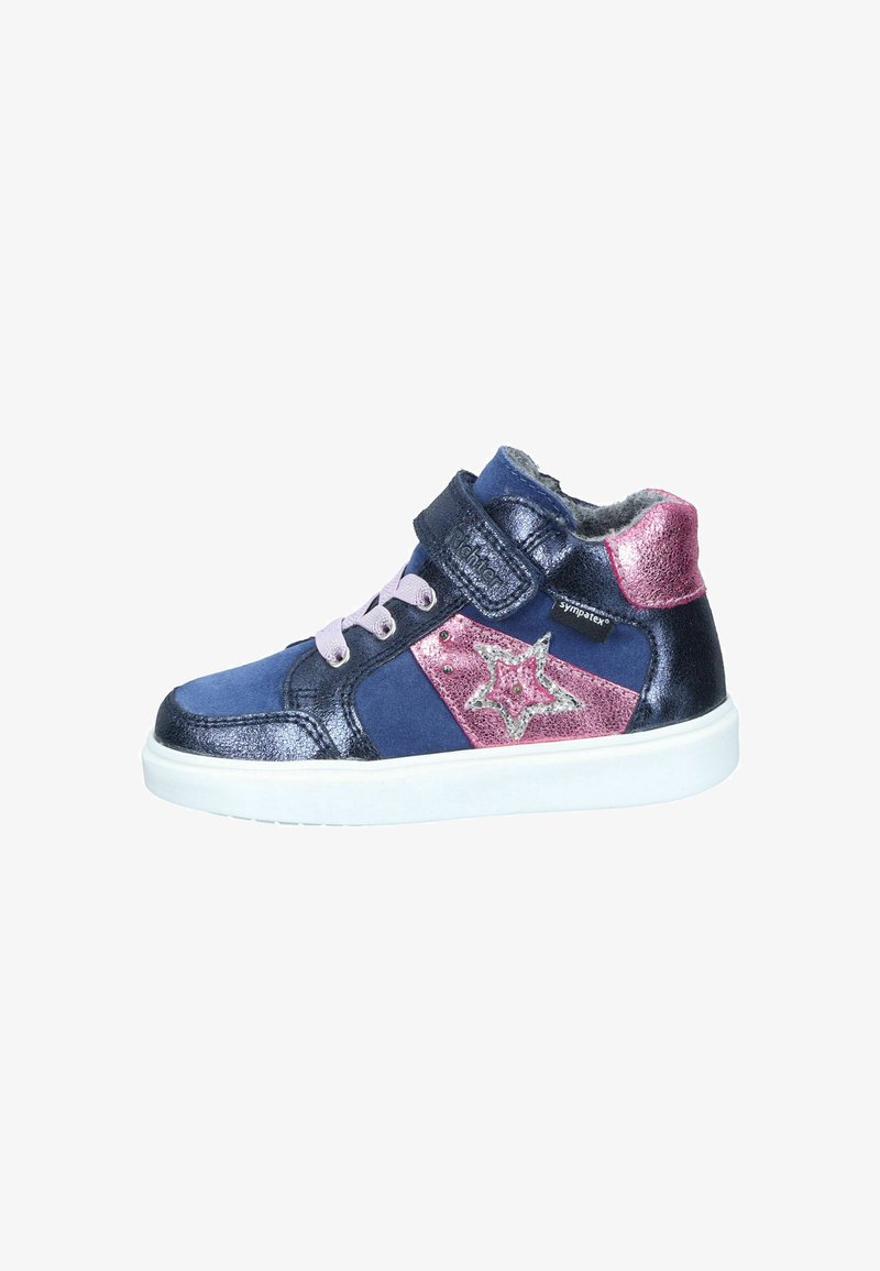 High-Top-Sneaker in Marineblau und Pink, aus Leder und Wildleder, mit Sternmotiv, Klettverschluss und strukturierten Akzenten an der Ferse.