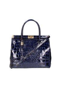 Borsa in pelle patent blu navy con texture coccodrillo, hardware dorato, doppio manico superiore e tracolla removibile.