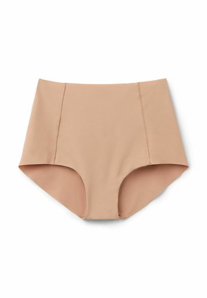 Bikini kalhotky s vysokým pasem v světle béžové barvě s hladkou texturou, s bočními švy a klasickým provedením s plným krytím.