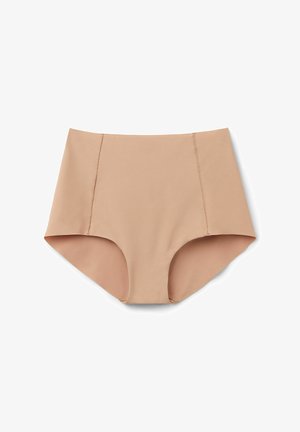 Bikini kalhotky s vysokým pasem v světle béžové barvě s hladkou texturou, s bočními švy a klasickým provedením s plným krytím.