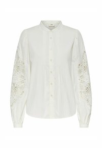 Biała bluzka z długim rękawem z bufkami, ozdobiona misternymi koronkami, z zapięciem na guziki z przodu. Gładka faktura i klasyczny design kołnierza.