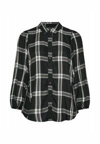 Blusa a righe bianche e nere con colletto, apertura con bottoni, e maniche lunghe gonfie, realizzata in tessuto leggero.