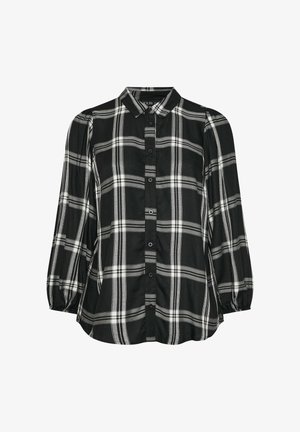 Sort/hvid ternet bluse med krave, knappet front og lange pufærmer lavet af letvægtsstof.