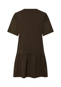 Brązowa sukienka T-shirt z bawełny, z krótkim rękawem, okrągłym dekoltem i rozkloszowanym, marszczonym dołem. Prosty design bez widocznych wzorów.