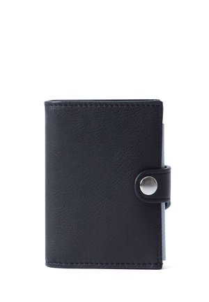 Black leather wallet with a textured surface, snap-button closure, and stitched edges, featuring a compact rectangular shape.