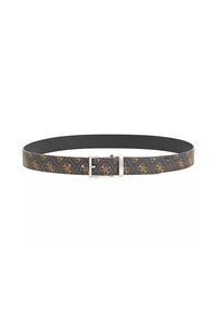 Cintura nera con un design decorato e dettagli in oro, una fibbia in metallo argentato e una texture liscia. Materiale durevole con una finitura classica.