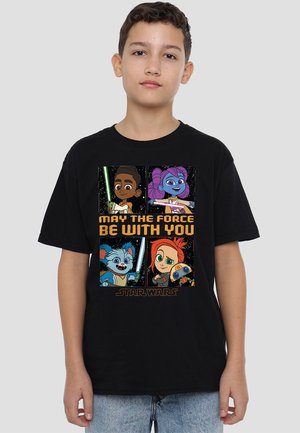 Black t-shirt featuring colorful cartoon characters with lightsabers and text "MAY THE FORCE BE WITH YOU" in bold font, Star Wars branding.