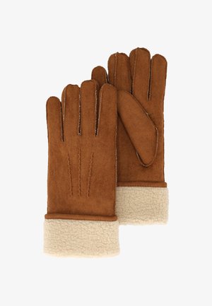 Bruine suède handschoenen met een crèmekleurige schapenvachtmanchet, met vier stiklijnen aan de achterkant en een enkele geaccentueerde vinger.