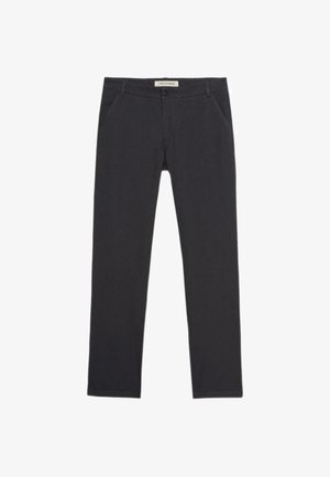 Schwarze Baumwollmischungshose mit schlanker Passform, leichtem Stretch, frontalen Taschen und einem Standardbund mit Reißverschluss und Knopfverschluss.