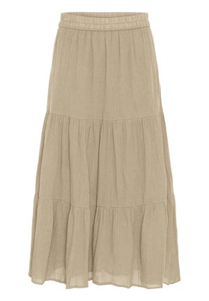 Jupe midi beige à volants avec taille élastique et panneaux de tissu froncés pour une coupe fluide et décontractée.