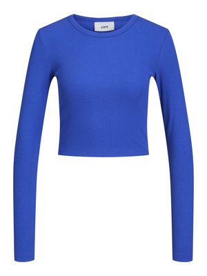 Sininen pitkähihainen ribbikroppitoppi, jossa on pyöreä kaula-aukko. Sileä pinta ja istuva muotoilu, jossa on hienovarainen kuvio koko pinnalla. Brändilogo näkyvissä.