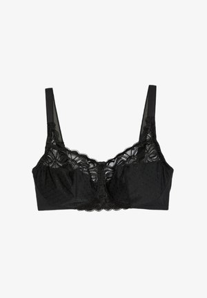 Svart bh med spetsöverdrag och scallop-kant, prydnad med prickar, breda axelremmar och framknäppning.