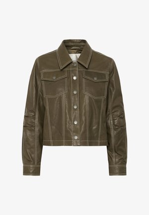 Olīvu zaļš cropped ādas žakete ar lielu apkakli, priekšējām spiedpogām, atloku krūšu kabatām un baltu kontrastējošu šuvēm piedurknēs un korpusā.