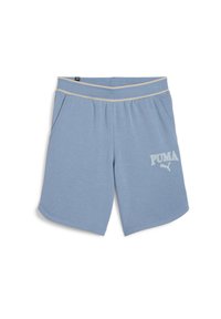 Světlomodré sportovní šortky vyrobené z měkké tkaniny, s žebrovaným pasem v kontrastní béžové barvě a bílým logem PUMA.