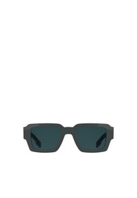 Rectangular sunglasses with dark green lenses and a matte black plastic frame. Unique angular design with pronounced temple accents.