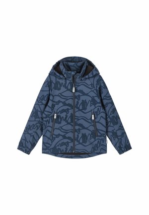 Blaue Kinder-Kapuzenjacke mit abstraktem dunkelblauem Kritzelmuster, Frontreißverschluss, zwei seitlichen Reißverschlusstaschen und elastischen Bündchen.