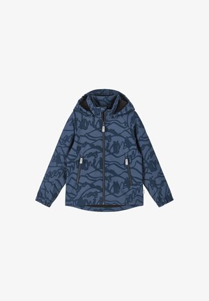 Blaue Kinder-Kapuzenjacke mit abstraktem dunkelblauem Kritzelmuster, Frontreißverschluss, zwei seitlichen Reißverschlusstaschen und elastischen Bündchen.