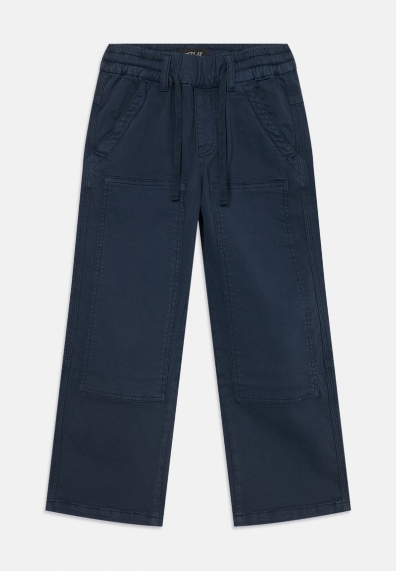 Pantaloni a gamba larga blu navy con vita elastica, chiusura con cordoncino e due tasche frontali con dettagli a toppa.