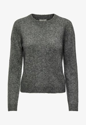 Gray knitted sweater with a round neck, long sleeves, a textured finish, and ribbed hem. Made of soft, chunky yarn. Casual fit.