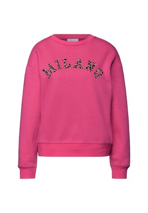 Felpa rosa con scollo rotondo e spalle scese. Testo "MILANO" con stampa leopardata sul petto, polsini e orlo a coste.