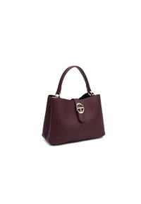 Sac à main en cuir bordeaux au design structuré, avec une poignée unique et des accessoires en métal doré. Il est doté d'un rabat avant avec un fermoir circulaire.