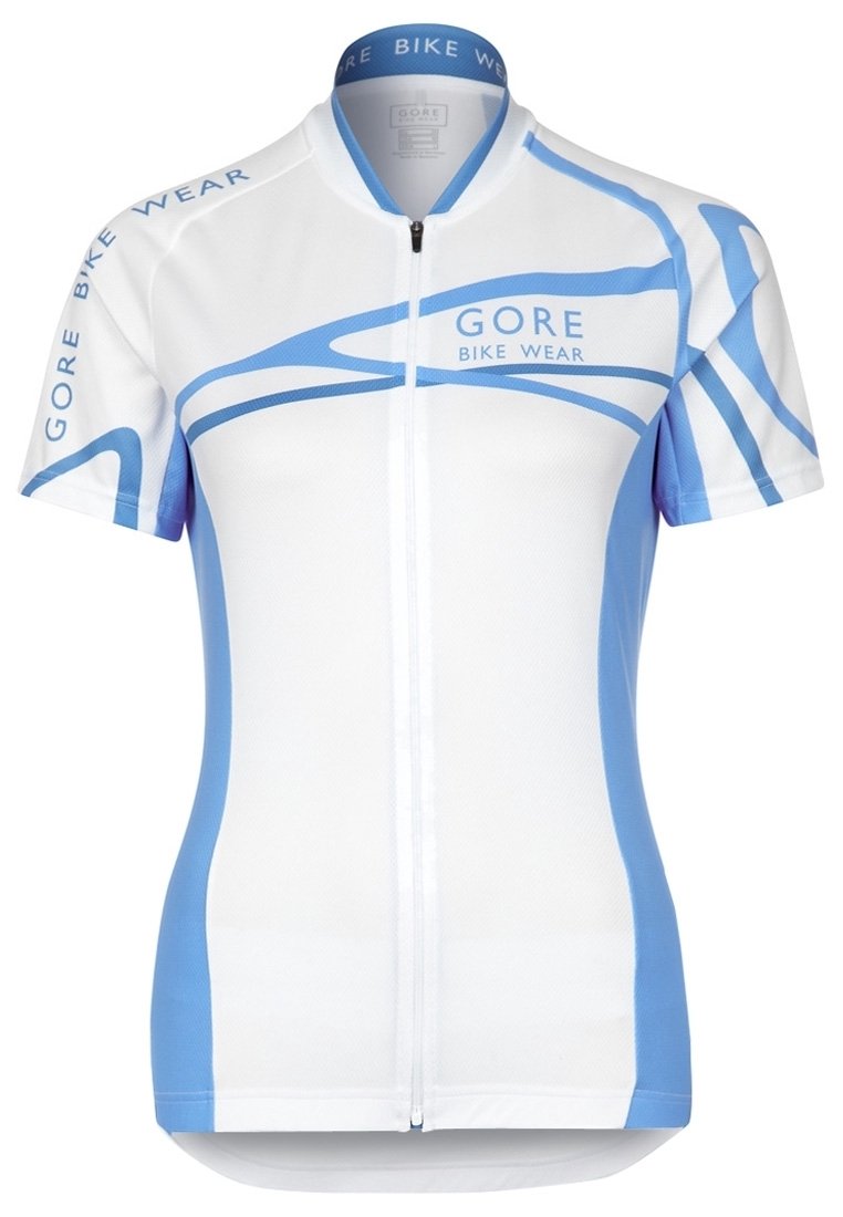 Kraťasy s krátkým rukávem na kolo v bílé barvě s modrými akcenty a vzory vln, vyrobené z prodyšné látky, vybavené celopropínacím zipem a stojáčkovým límcem.