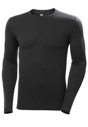 Black long-sleeve shirt made of textured fabric, featuring a round neck, fitted design, and subtle striped accents on the sleeves.