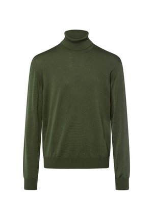 Grüner Rollkragenpullover aus gestricktem Stoff mit gerippten Bündchen und Saum. Verfügt über eine enganliegende Silhouette mit einer glatten Textur.