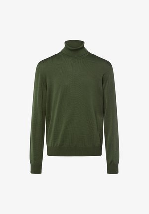 Grüner Rollkragenpullover aus gestricktem Stoff mit gerippten Bündchen und Saum. Verfügt über eine enganliegende Silhouette mit einer glatten Textur.